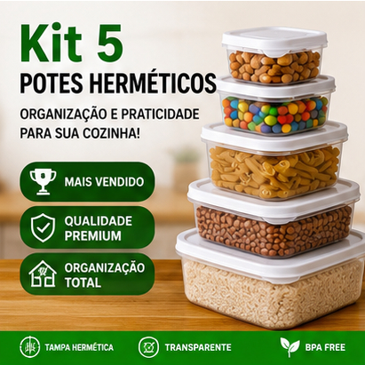 Kit 5 Potes Herméticos Plástico Transparente Com Tampa 320ml 630ml 1000ml 1600ml 2300ml Organizador Mantimentos Cozinha