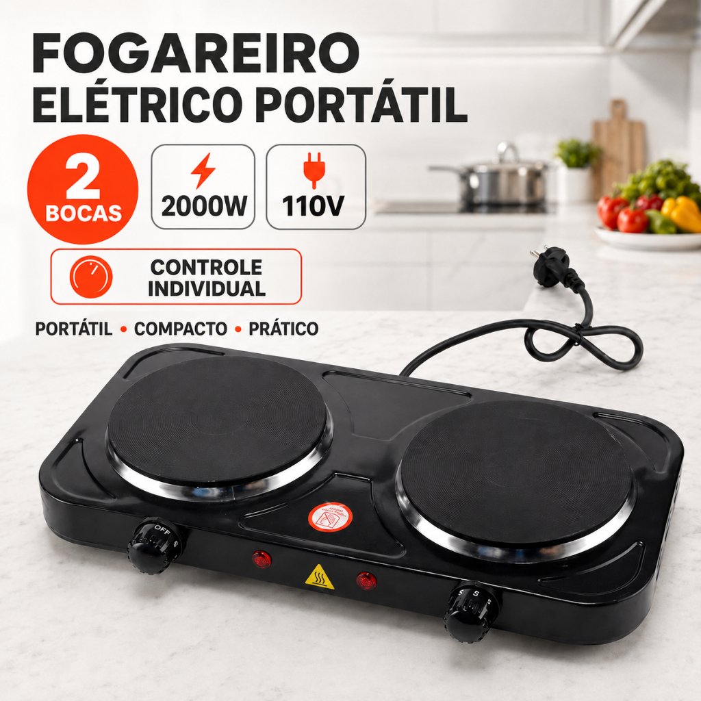 Fogão Fogareiro Elétrico Portátil Camping Mesa 110V Inox 2 Boca 2000W Potência Cooktop De Mesa PRETO