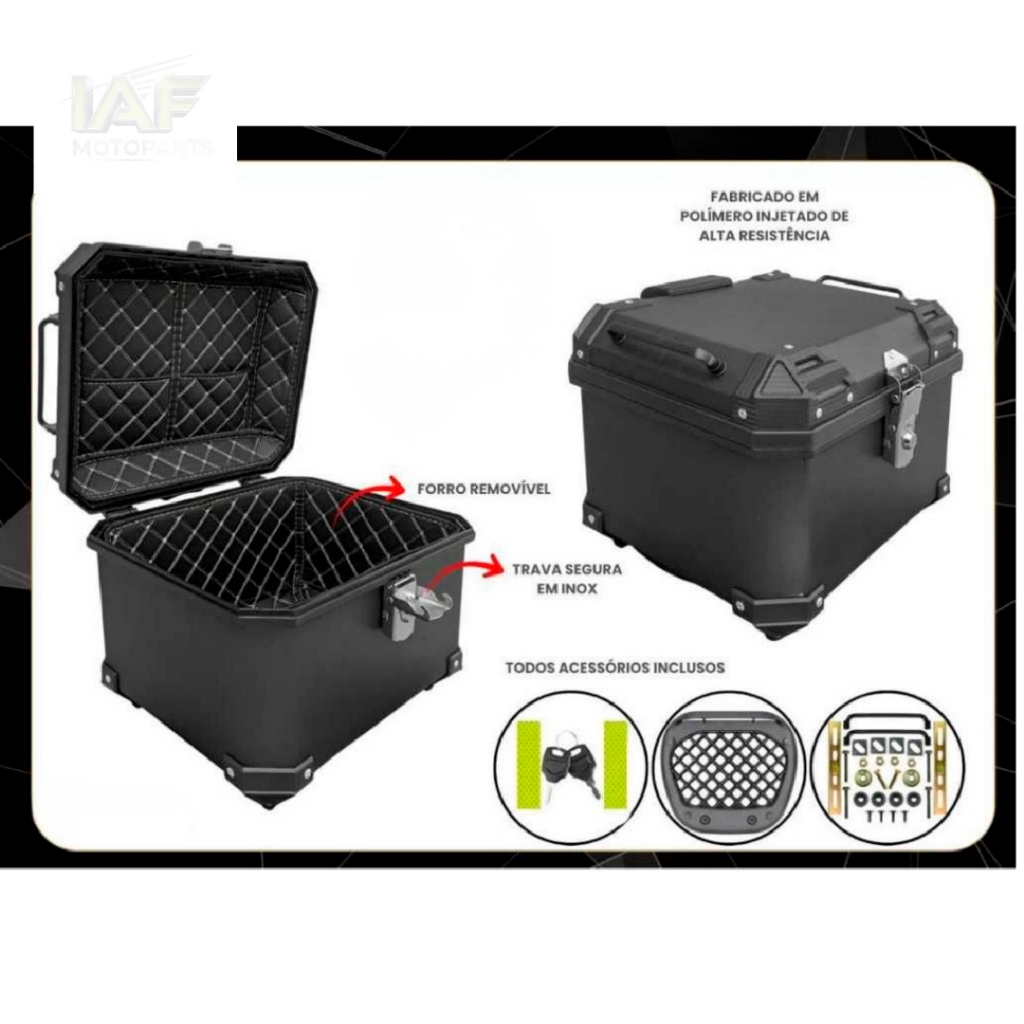 BAÚ BAULETO PLASTICO ABS TRASEIRO 45L UNIVERSAL PRETO/PRATA COM BASE E FORRO