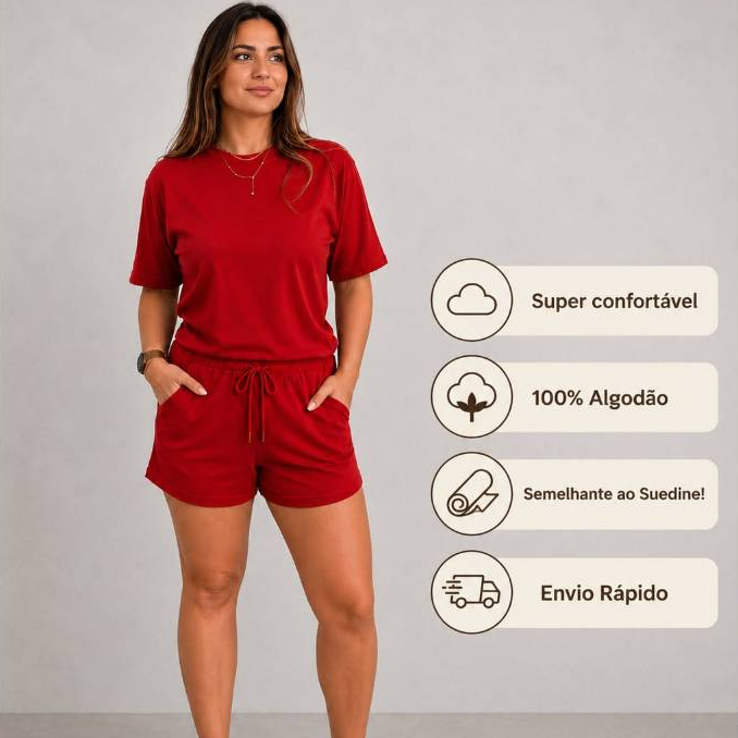 Conjunto Feminino Básico Vermelho | Camiseta + Shorts com Bolsos | Confortável e Estiloso 100%Algodão