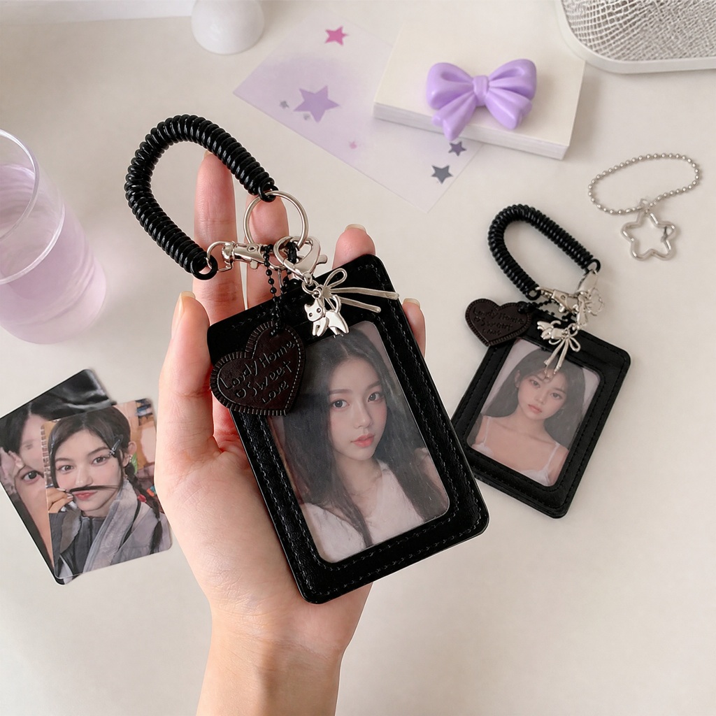 Porta Photocard Kpop preto PU Frente Verso Card Holder com Chaveiro Capa Protetora fofo
