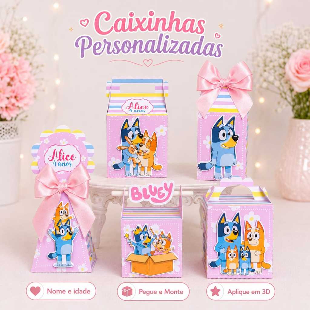 Kit Festa Caixinhas Personalizadas Bluey e Bingo Rosa com Nome  Idade - Lembrancinha Infantil Aniversário com Aplique