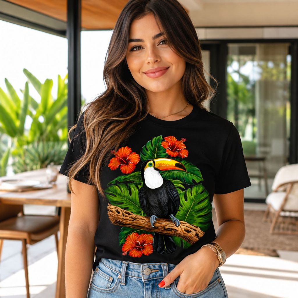 Camiseta Feminina Tucano Tropical 100% Algodão Estampa Exclusiva Casual Premium Confortável Moda Verão Envio Imediato