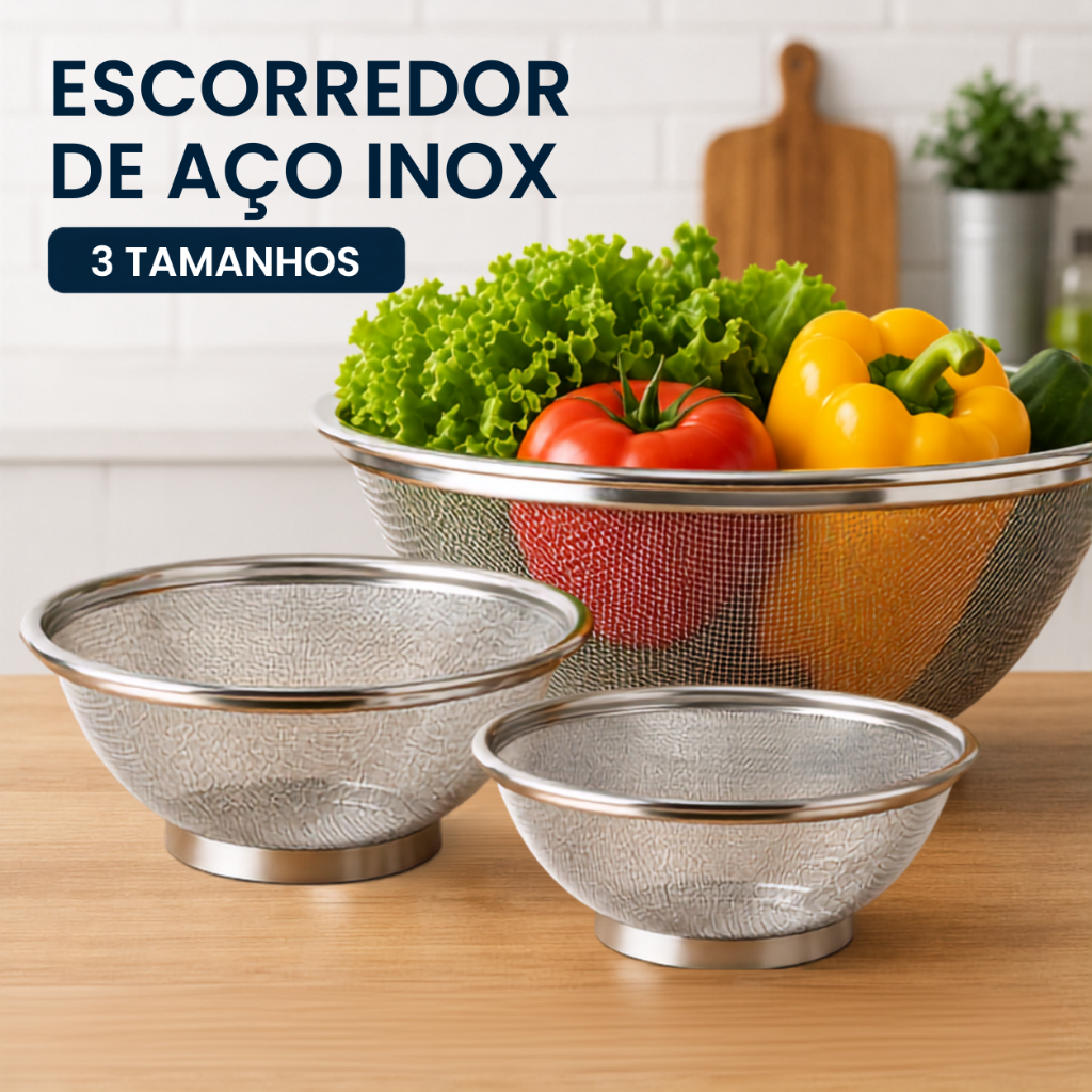 Escorredor de Aço Inox com Malha Fina e Base para Massas Frutas e Verduras 22, 25 ou 28 cm