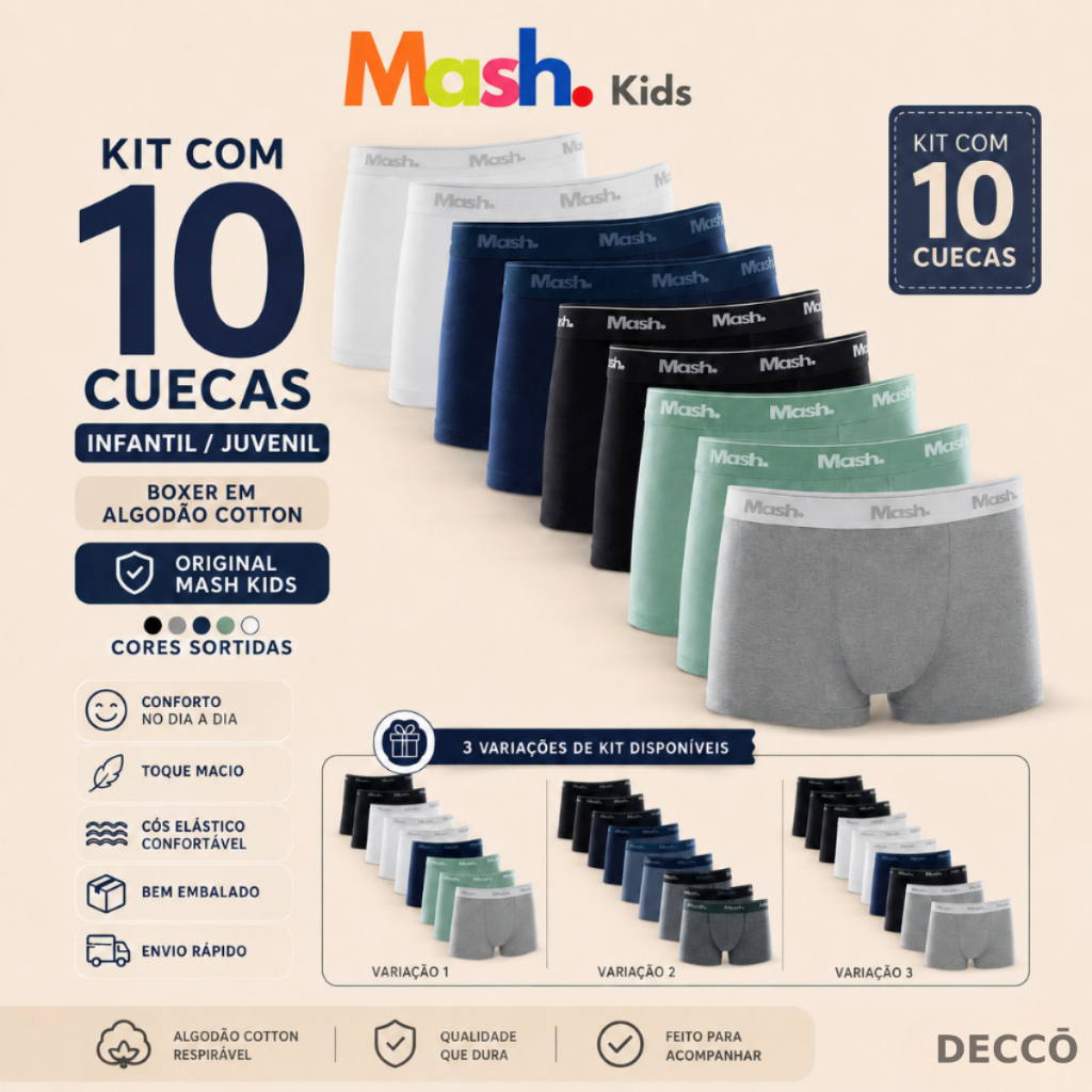 Kit Com 10 Cuecas Mash Infantil Juvenil Boxer Box Em Algodao Cotton Masculina Kids Original
