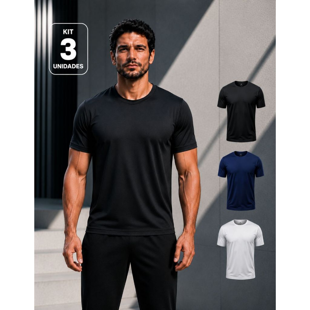 Kit 3 Camisetas Masculina UltraFresh Poliamida Premium Dry Fit Ice Touch Não Amassa Academia S/ Suor
