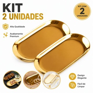 Kit 2 Bandeja Aco Inoxidavel Luxo Decorativa para Jóias Alimentos Dourado