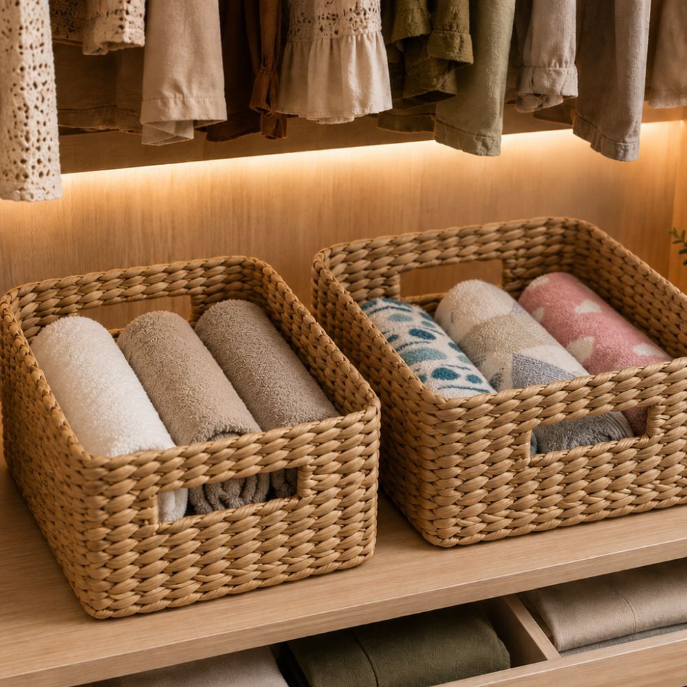 Cesto Caixa Organizador Natural Retangular de Palha para Roupas e Utilidades