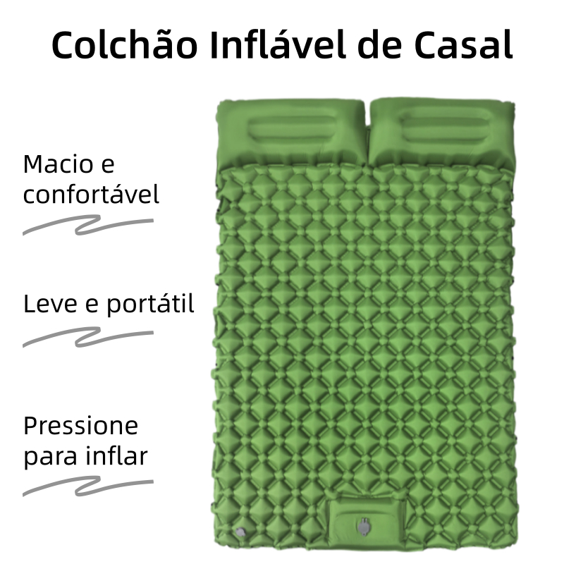 Colchão Inflável Casal para Camping com Travesseiros Integrados Leve Portátil e Válvula Dupla 190x120cm