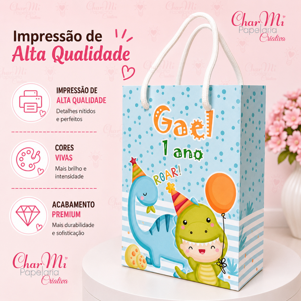 Sacolinha Personalizada | Tema Dinossauro Baby | Lembrancinha Sacola Surpresa| Alta Qualidade | 15x9,5cm