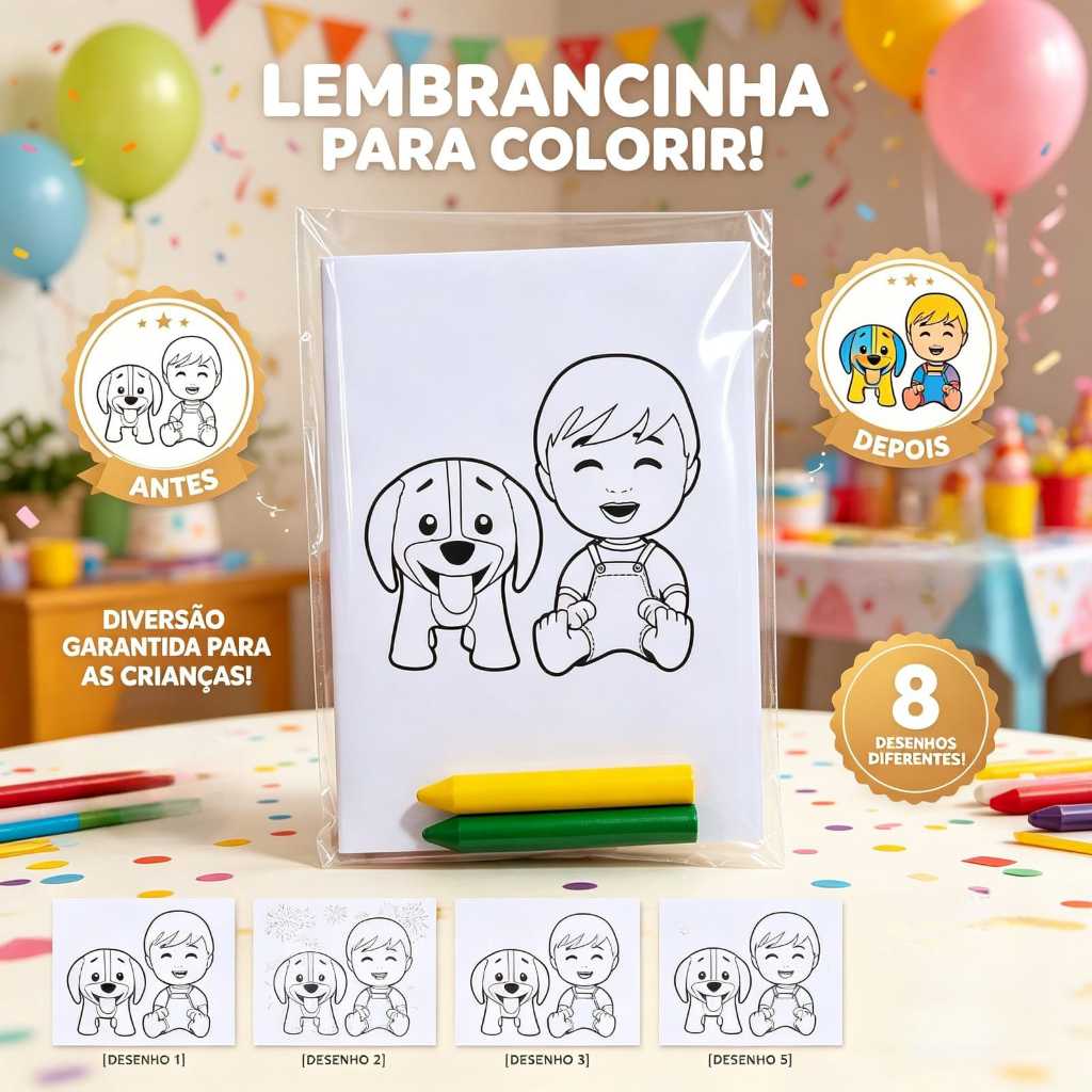 Kit Colorir Bento e Totó  com Giz de Cera | Lembrancinha Infantil Criativa | Brinde Festa Personalizado
