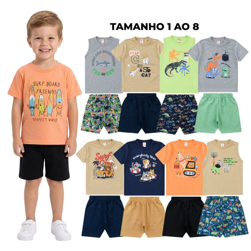 Kit 8 peças Roupa infantil Juvenil Menino -  4 Camisetas + 4 Bermudas- Kit 4 conjuntos Verão Menino