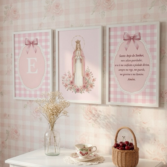 Kit 3 Quadros Decorativos Infantil Religioso Católico Santa Nossa Senhora Aparecida Oração Anjo COM MOLDURA