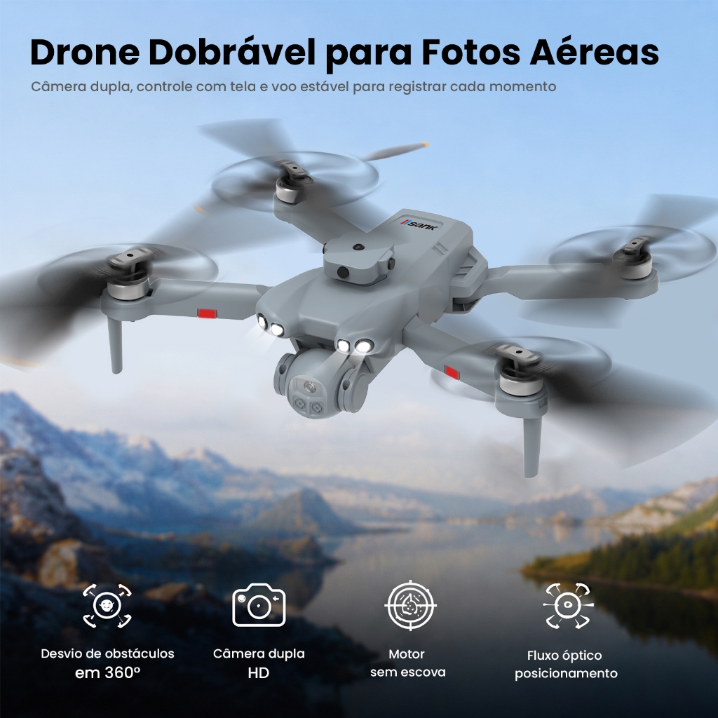 Drone Dobrável Motor Sem Escova Câmera Dupla HD Controle com Tela, Evitação Obstáculos 360° Fluxo Óptico Voo Estável