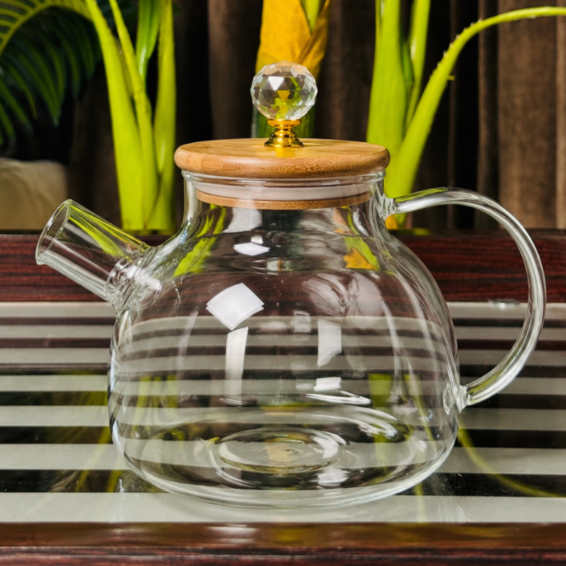 Chaleira De Vidro Bule que vai ao fogo 1 Litro Com Tampa de Bambu natural Com Cristal Vai ao fogo