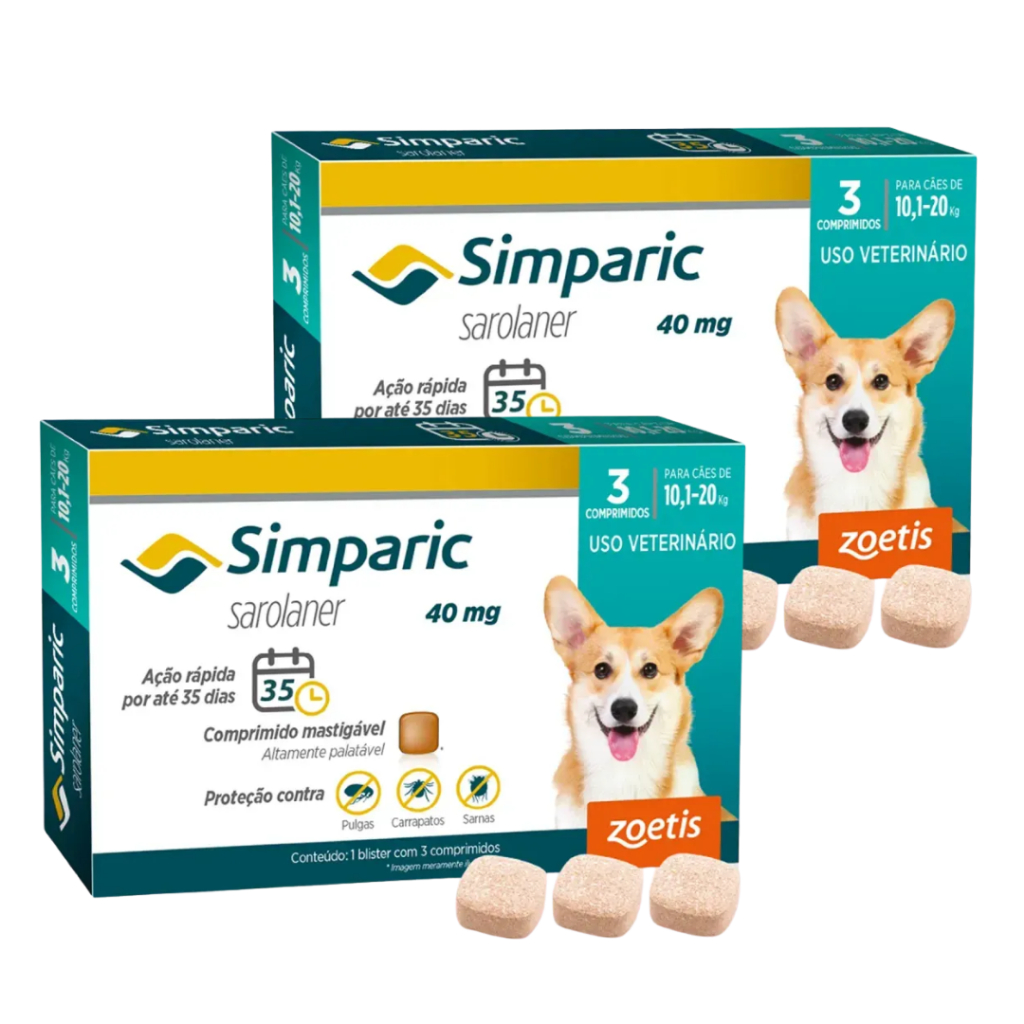 Kit 2 Caixas Simparic Cães 10,1 a 20 kg 3 Comprimidos Antipulgas Carrapatos Sarna VENC FEV.27