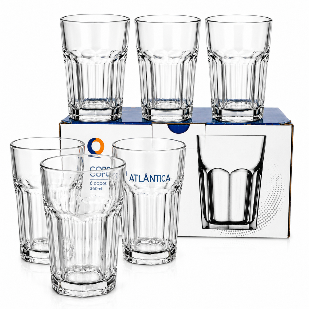 Jogo de Copos de Vidro 360ml Canelado Com Base Reforçada Jogo de Copos 6, 12 ou 18un Moderno luxo