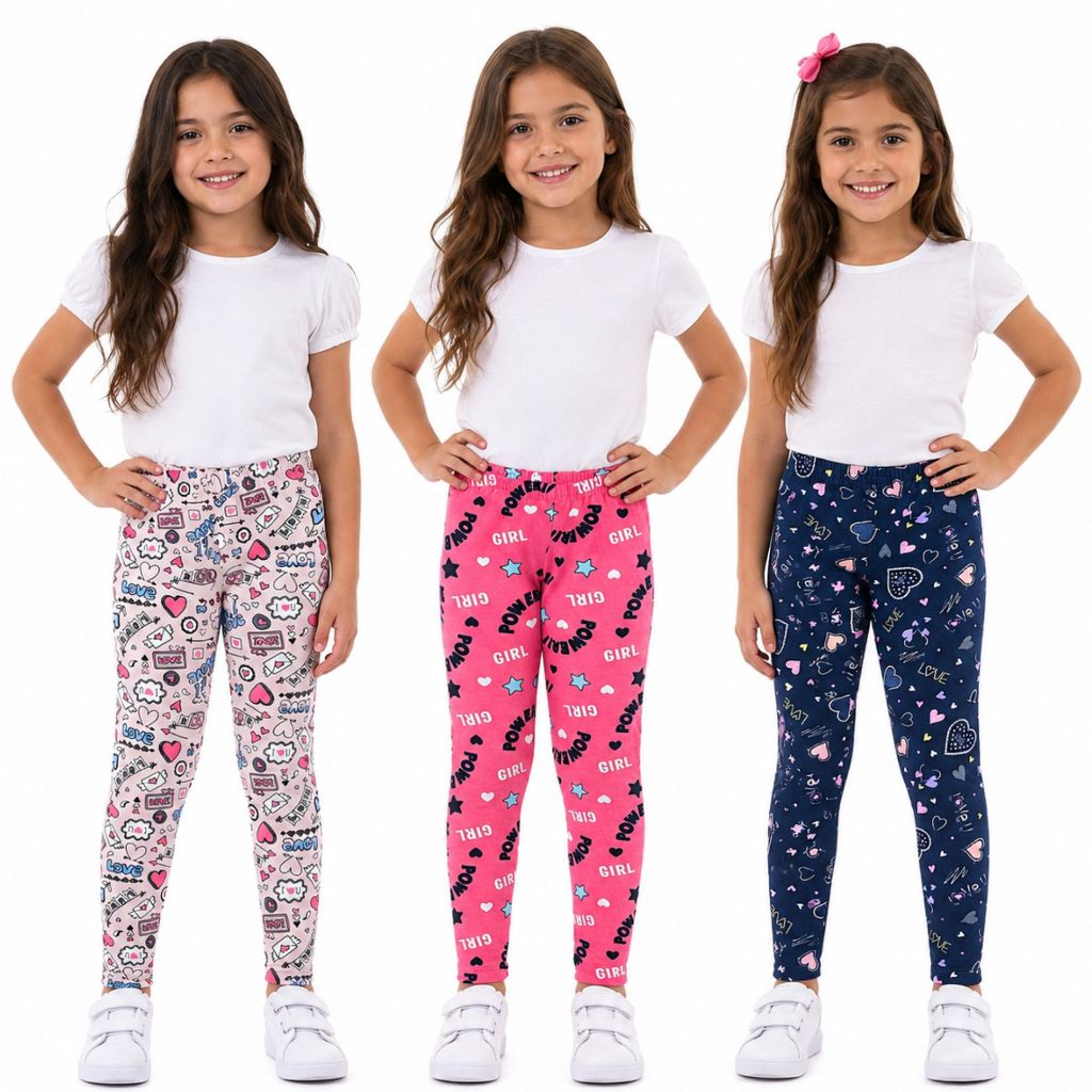 Kit 3 Leggings Infantil Feminina Estampada Tamanho 1 ao 14 Cós Elástico Confortável Envio Sortido