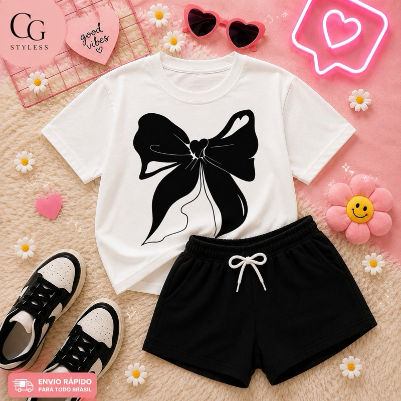 Conjunto Infantil Feminino Laço Preto | Camiseta Estampada + Short Moletinho | Roupa Casual Menina 2 ao 16