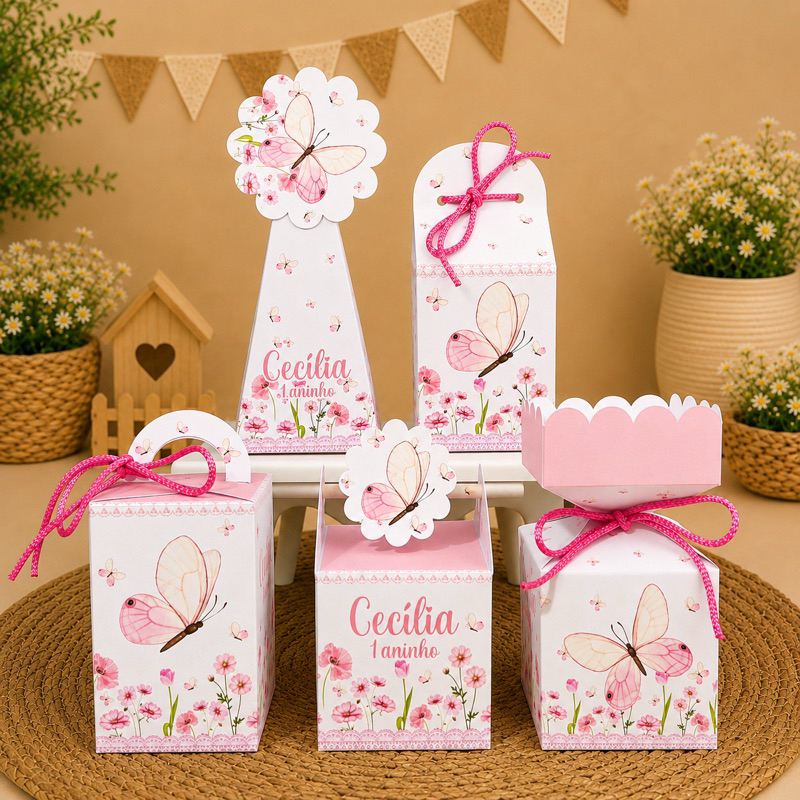 Kit Caixinhas Personalizadas Jardim das Borboletas Rosa Lembrancinhas Festa Personalizados