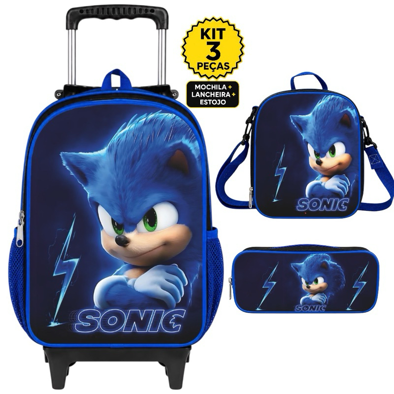 Kit Escolar Sonic Menino Infantil Masculina Bolsa Grande Juvenil Reforçada + Lancheira Térmica +Estojo