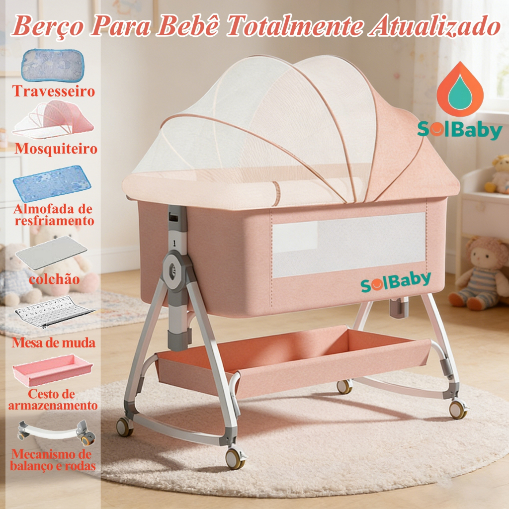 Berço Portátil Co-Bed Crib Portable Swing Moses Basket Children's Mosquito Net Adjustable Safety Lock Moises