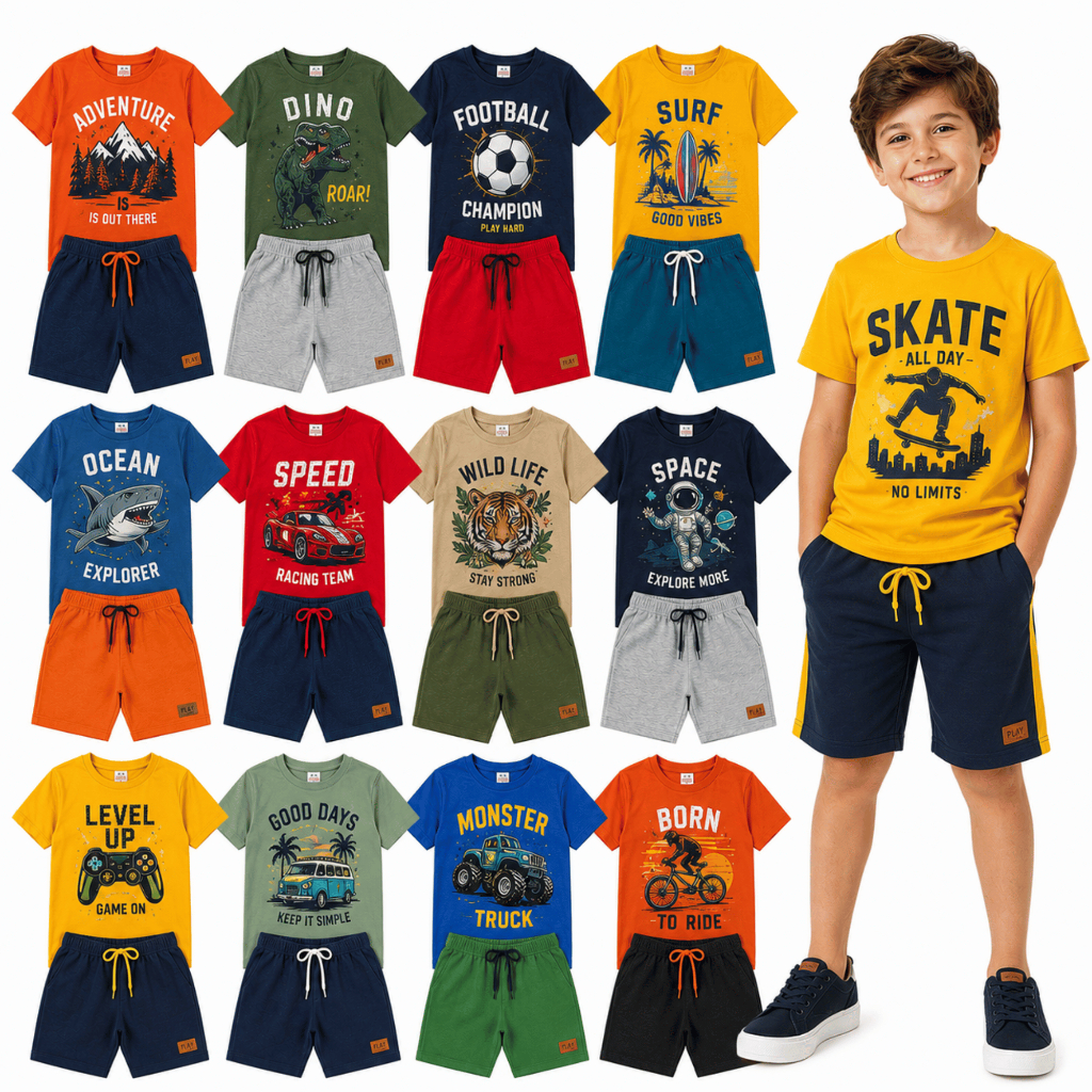 Kit Infantil e Juvenil Menino 10 Peças Verão 5 Conjuntos 5 Camisetas 5 Bermudas Algodão Tam 1 ao 16