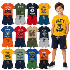 Kit Infantil e Juvenil Menino 10 Peças Verão 5 Conjuntos 5 Camisetas 5 Bermudas Algodão Tam 1 ao 16