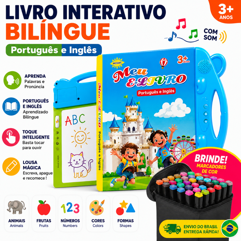 AUXOM Livro Interativo com Som Infantil Bilíngue Português Inglês Multi Temas Toque Educativo Aprendizagem