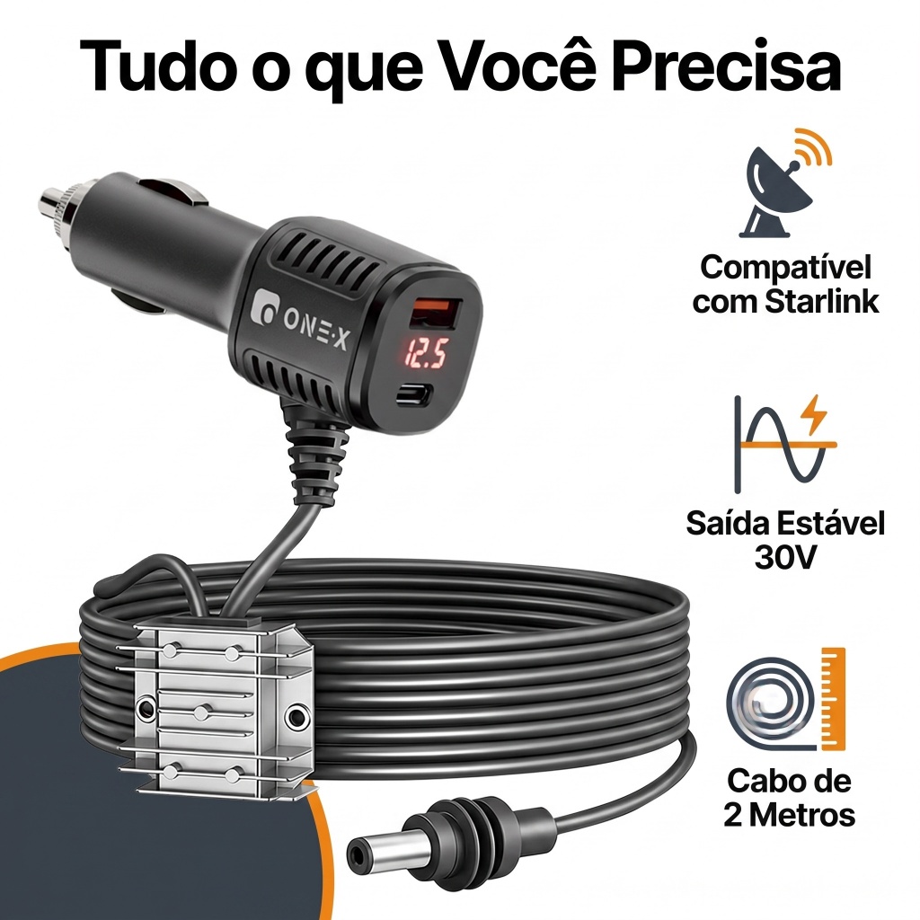 Conversor Boost Veicular p/ Starlink Mini Cabo 2/3M c Interruptor, Entrada 10-28V Saída 30V 3.5A, ABS - XL-6526