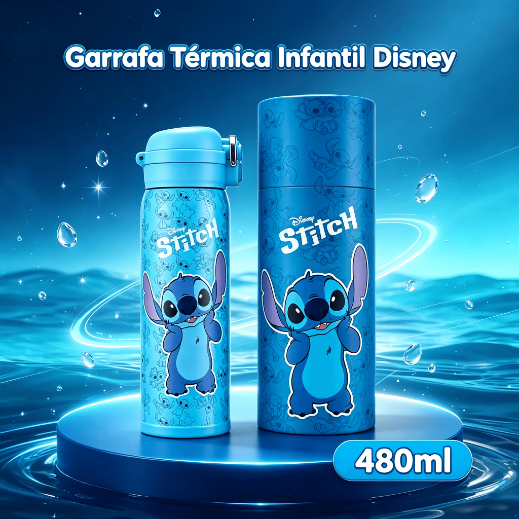 Garrafa de Água Térmica Squeeze Stitch 480ml Resistente Escola Passeio Disney