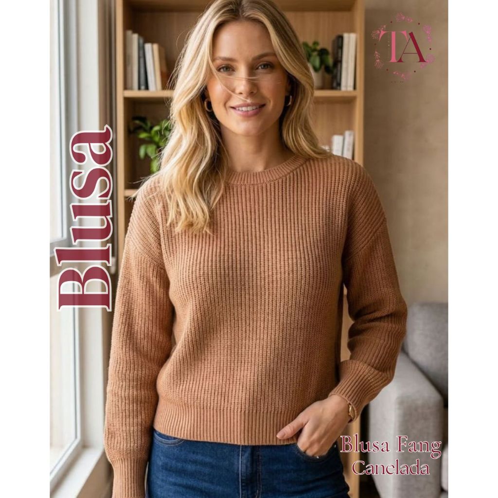 Blusa Suéter Feminino Tricô Ponto Fang Punho Canelado Gola Redonda Moda Blogueira Outono Inverno