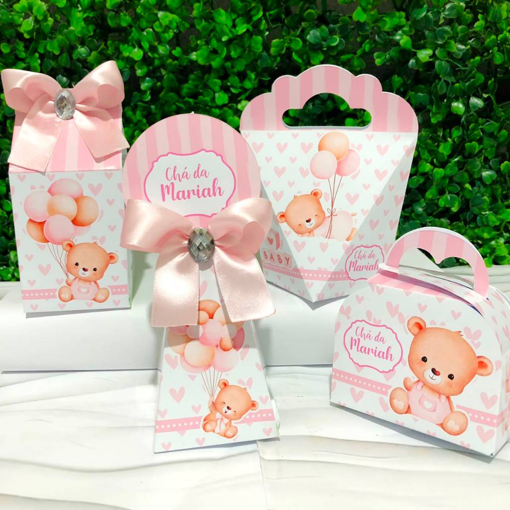 Kit Caixas Personalizadas URSINHO ROSA Lembrancinhas Chá de Bebê Maternidade Festa Infantil Aniversário DESMONTADAS