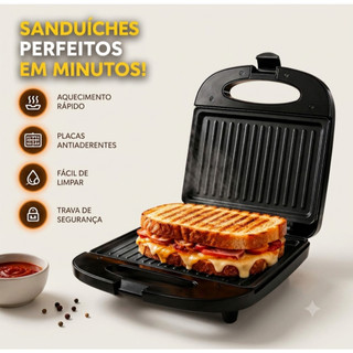 Sanduicheira e Grill Eletrico Antiaderente Rápido Para Lanche E Sanduíche Cozinha Prática Trava De Segurança 110V