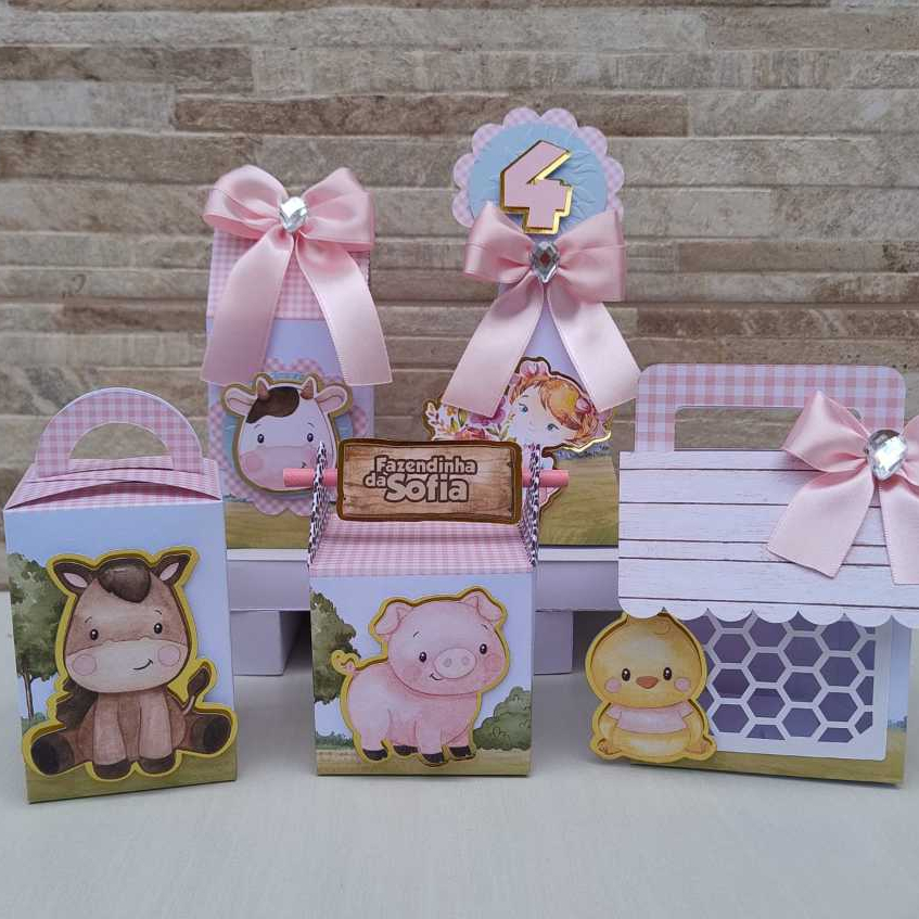 Kit Festa FAZENDINHA Rosa Personalizado / Caixinhas 3D/ Lembrancinha Aniversário/ Personalizados Festa Infantil