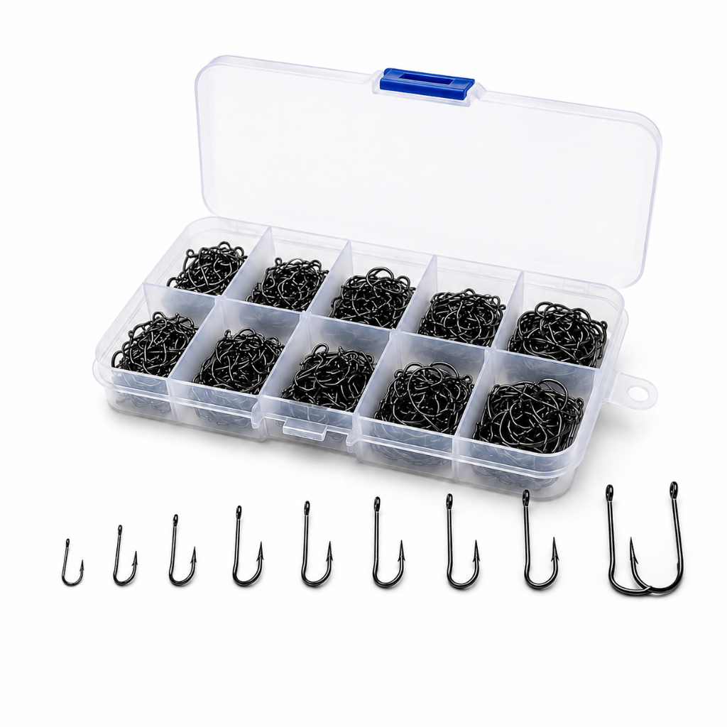 Kit 600 Anzóis Pesca Aço Carbono Caixa Estojo Tamanhos 3 ao 12