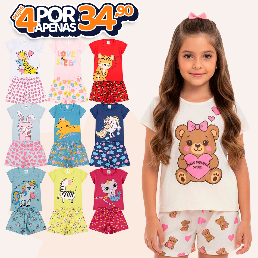 Kit Sortido 4 Peças de Pijamas Infantis para Meninas Confortáveis e Cheios de Es