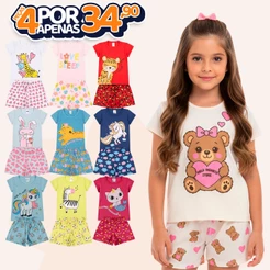 Kit Sortido 4 Peças de Pijamas Infantis para Meninas Confortáveis e Cheios de Estilo - 2 Camisetas + 2 Shorts