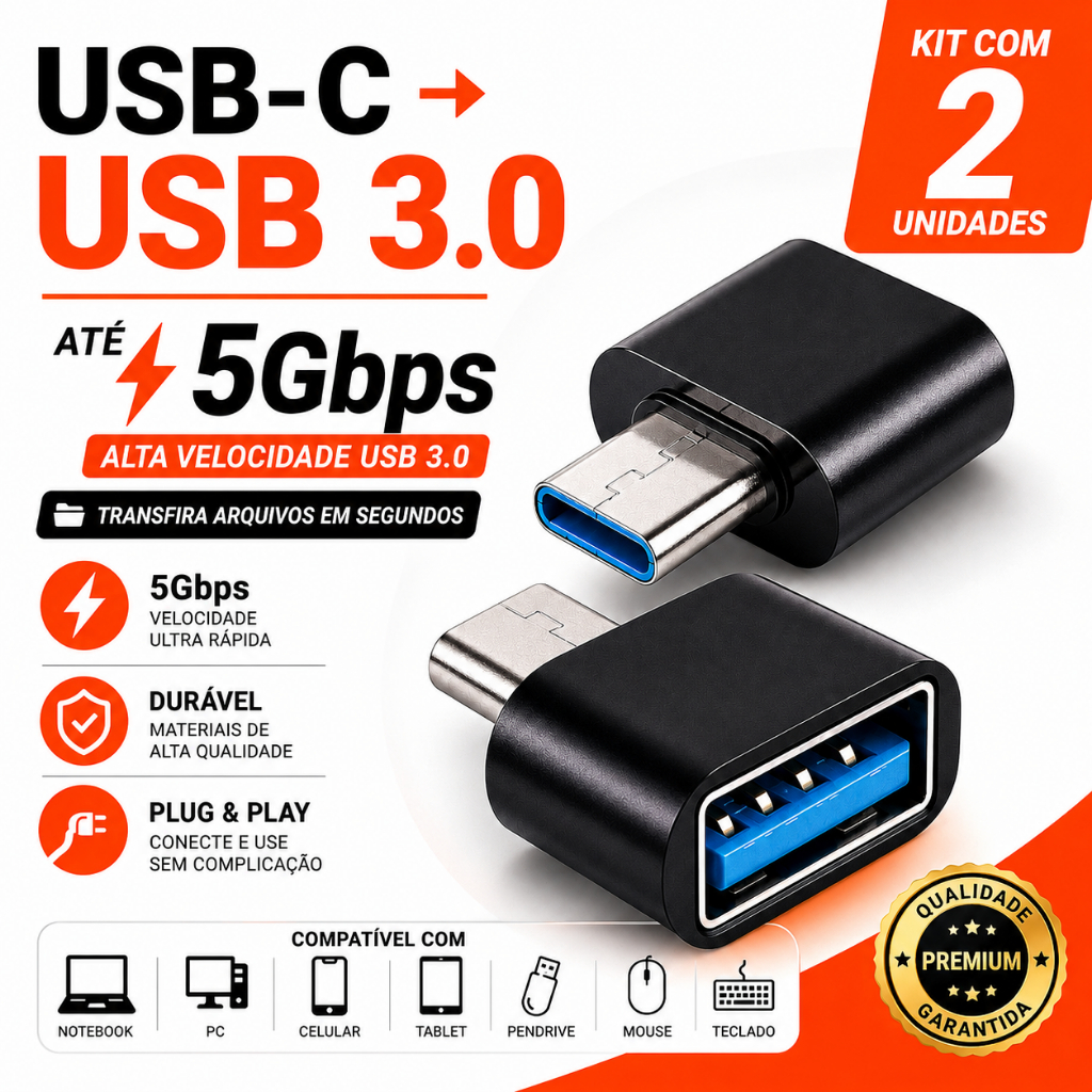 Kit 2 Adaptador USB-C para USB 3.0 OTG 5Gbps Pendrive Mouse Teclado HD Notebook MacBook Android iPhone 15