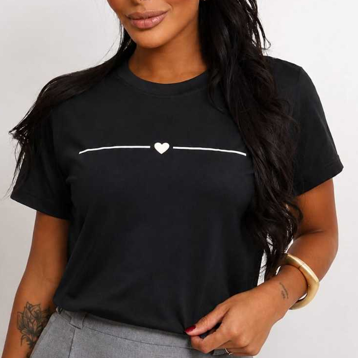 Blusa Feminina T-Shirt Algodão 100% Blusa Básica Estampada com Glitter Gola Redonda Casual Confortável M ao GG