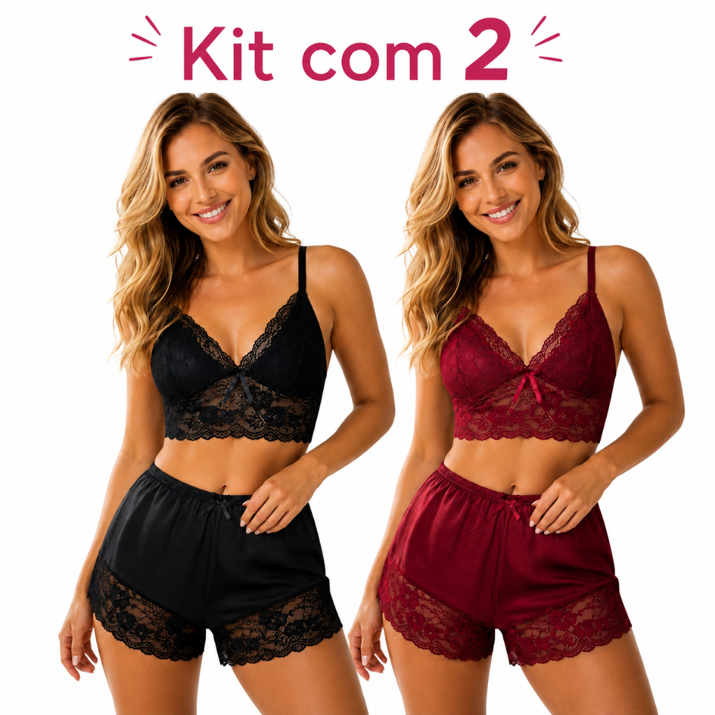 Kit 2 Conjunto Feminino Detalhes em Renda Short e Cropped  Forro no Busto pijama sensual, baby doll