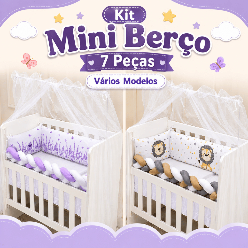 Kit Mini Berço 7 peças trança Mosquiteiro Leão Safari Nuvem Rosa Lavanda Astronauta Micropercal