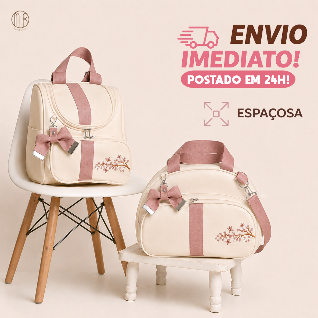 Kit de 2 Peças Bolsa e Mochila de Maternidade Bordado Floral com Borboletas e Safari Menina/Menino