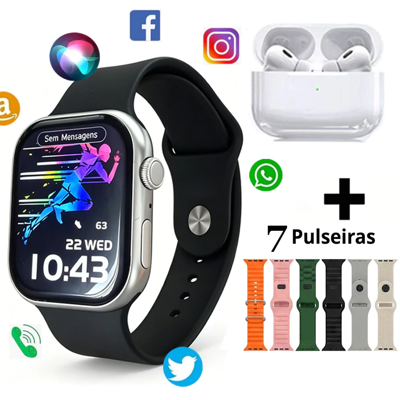 Smartwatch KW77 Max + Fone Notificações WhatsApp e 7 Em 1 Alças Full Touch Screen Sport