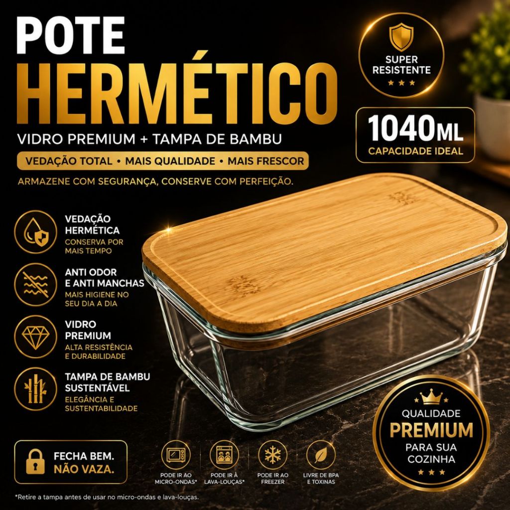 Pote Hermético Vidro Borossilicato Resistente 1040ml Livre BPA Tampa de Bambu Organizador e Marmita