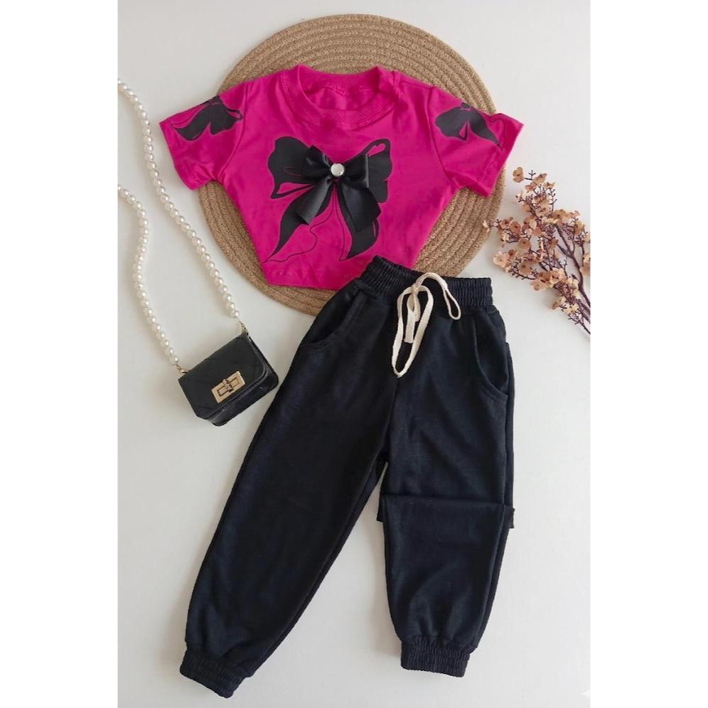 Conjunto Infantil Feminino Cropped Algodão Laço + Calça Jogger 2 ao 10 Anos