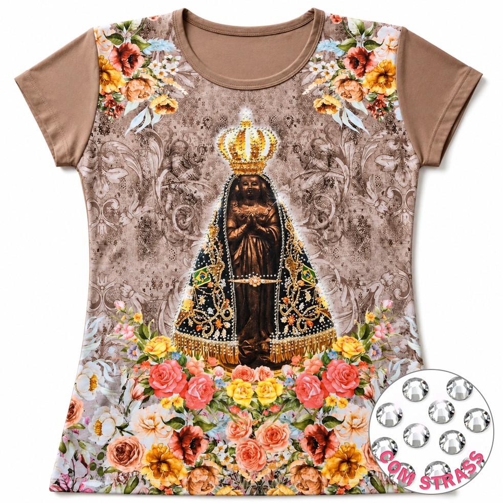 Camisa Camiseta Blusa Feminina Baby Look NOSSA SENHORA APARECIDA Marrom Religiosa Católica Brilho Strass Linda Presente