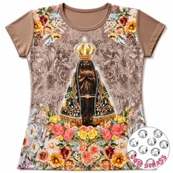Camisa Camiseta Blusa Feminina Baby Look NOSSA SENHORA APARECIDA Marrom Religiosa Católica Brilho Strass Linda Presente