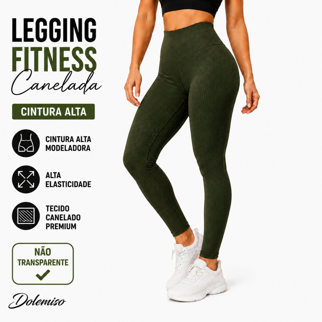 Calça Legging Fitness Feminina Canelada Cintura Alta Alta Elasticidade Sem Transparência Academia