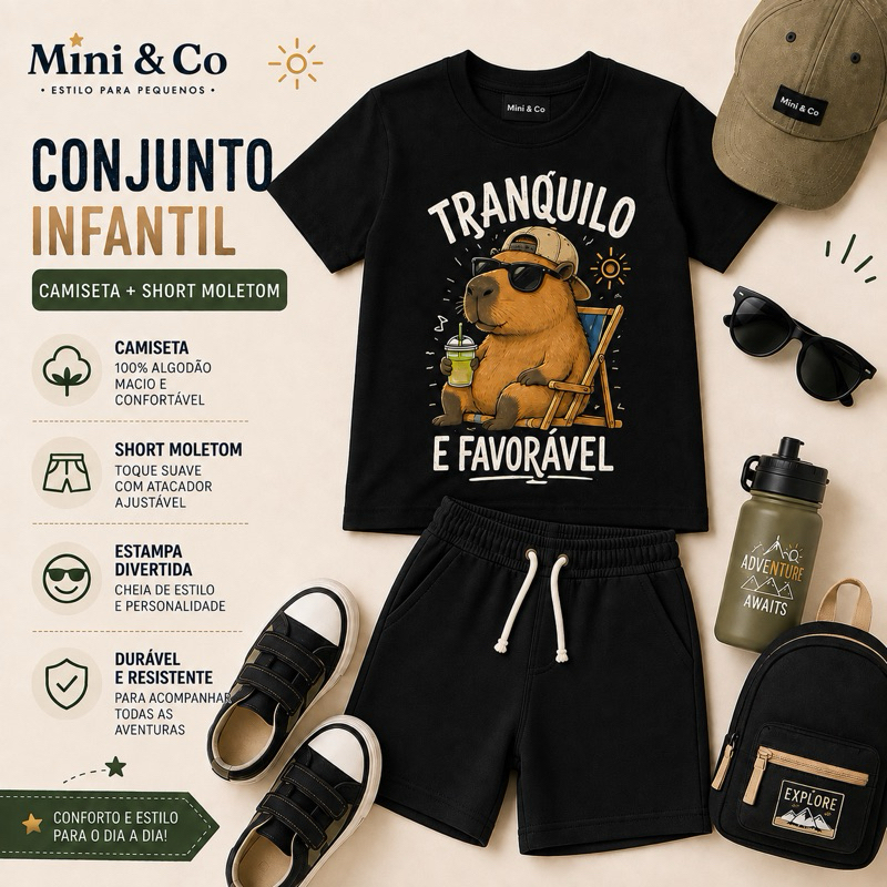 Conjunto Infantil Masculino Capivara Camiseta Algodão Short Moletom Roupa Infantil Confortável 2 ao 16